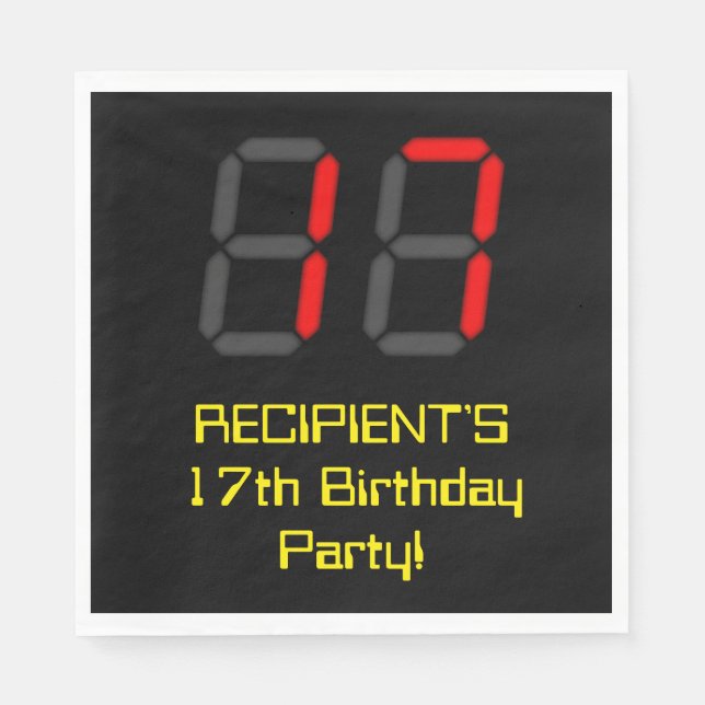 17th Birthday: Red Digital Clock Style "17" + Name Napkins (Front)