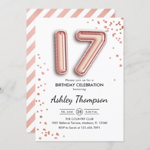 17th Birthday _ Rose Gold Balloons Invitation