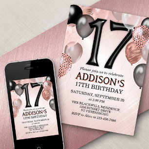 17th Birthday Rose Gold Balloons Invitation