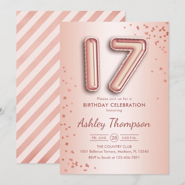 17th Birthday - Rose Gold Balloons Invitation (Front/Back)