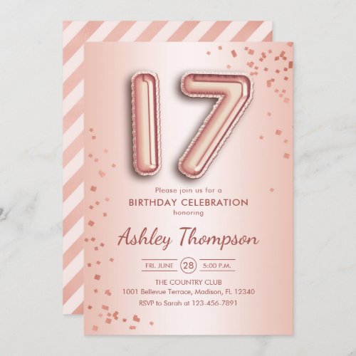 17th Birthday _ Rose Gold Balloons Invitation