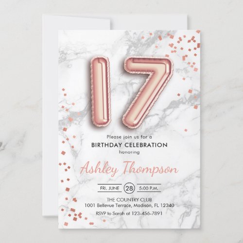 17th Birthday _ Rose Gold Balloons Marble Effect Invitation