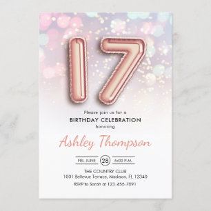 17th Birthday - Rose Gold Balloons Pink Lights Invitation