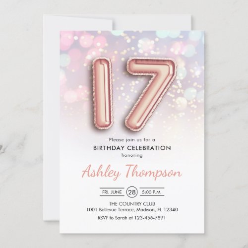 17th Birthday _ Rose Gold Balloons Pink Lights Invitation