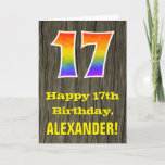 [ Thumbnail: 17th Birthday: Rustic Faux Wood Look, Rainbow "17" Card ]