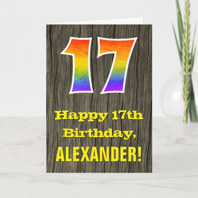 17th Birthday: Rustic Faux Wood Look, Rainbow "17" Card (Front)