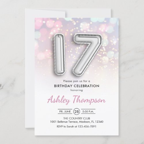 17th Birthday _ Silver Balloons Pink Lights Invitation