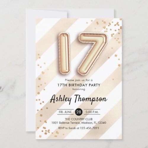 17th Birthday _ Stripes and Gold Balloons Invitation