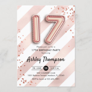 17th Birthday - Stripes Rose Gold Balloons Invitation
