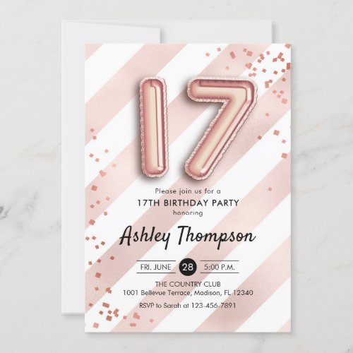 17th Birthday _ Stripes Rose Gold Balloons Invitation