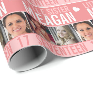 17th birthday three photos coral little sister wrapping paper