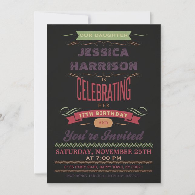 17th Birthday Vintage Chalkboard Typography Invitation (Front)