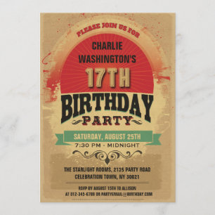 17th Birthday Vintage Typography Grunge Invitation
