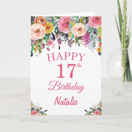 17th Birthday Watercolor Floral Flowers Pink Card