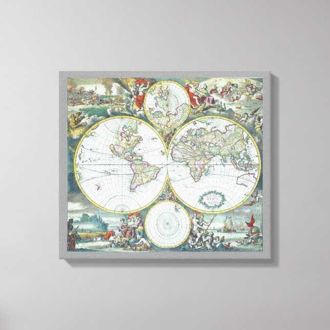 17th Century Antique World Map, Frederick De Wit Canvas Print (Front)