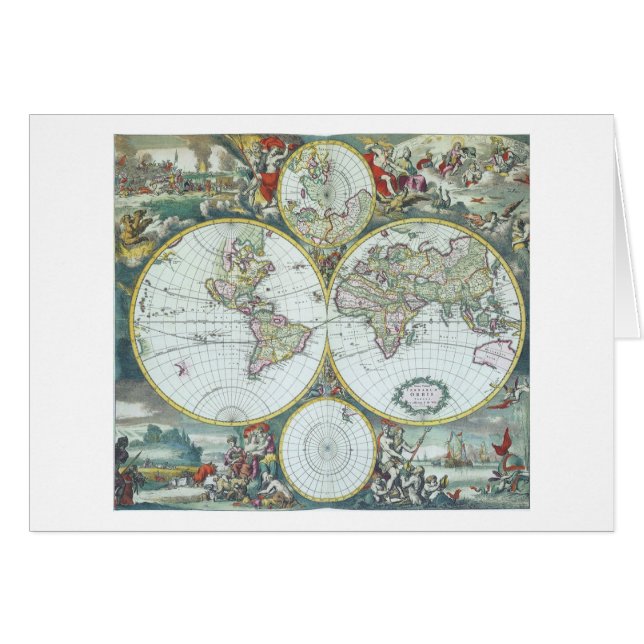 17th Century Antique World Map, Frederick De Wit Cards (Front Horizontal)