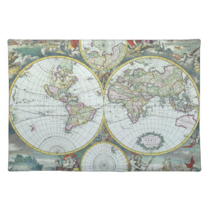 17th Century Antique World Map, Frederick De Wit Cloth Placemat