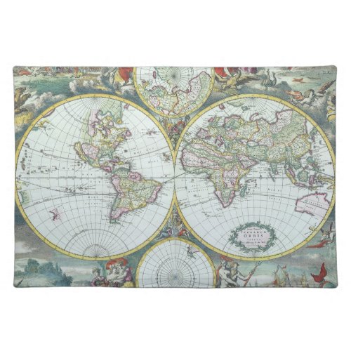 17th Century Antique World Map Frederick De Wit Cloth Placemat
