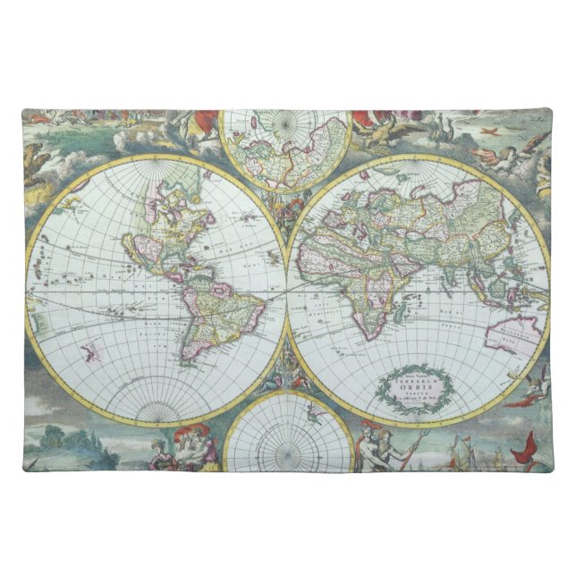 17th Century Antique World Map, Frederick De Wit Cloth Placemat (Front)