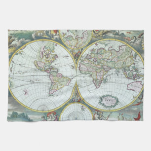 17th Century Antique World Map, Frederick De Wit Kitchen Towel