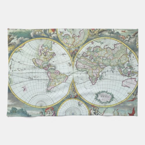 17th Century Antique World Map Frederick De Wit Kitchen Towel