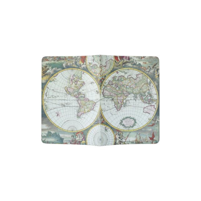 17th Century Antique World Map, Frederick De Wit Passport Holder (Opened)