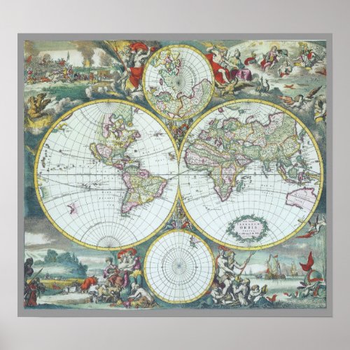 17th Century Antique World Map Frederick De Wit Poster