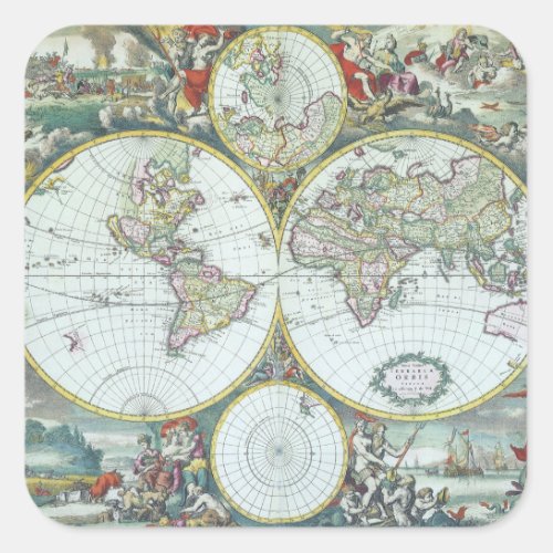 17th Century Antique World Map Frederick De Wit Square Sticker