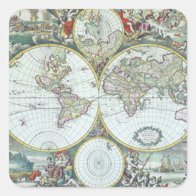 17th Century Antique World Map, Frederick De Wit Square Sticker (Front)
