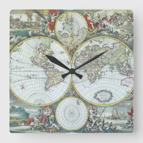 17th Century Antique World Map Frederick De Wit Square Wall Clock