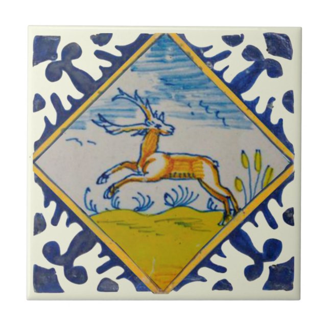 17th Century Delft Deer Handpainted Reproduction Ceramic Tile (Front)