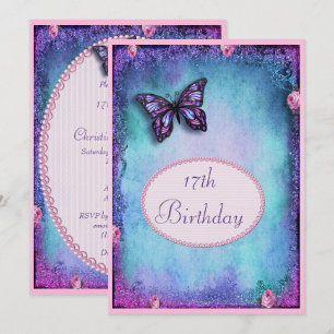 17th Faux Glitter, Butterfly, Roses & Lace Invitation
