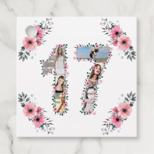 17th Girl Birthday Photo Collage Pink Flower White Favor Tags