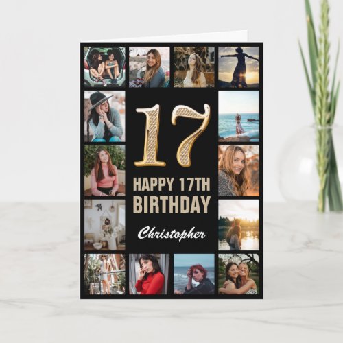 17th Happy Birthday Black and Gold Photo Collage