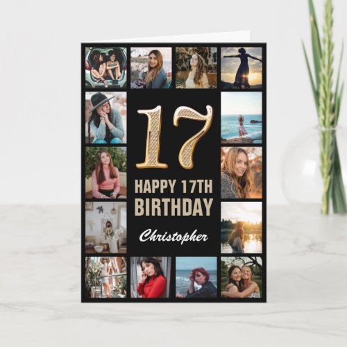 17th Happy Birthday Black and Gold Photo Collage Card