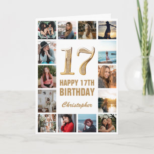 17th Happy Birthday Gold and White Photo Collage Card