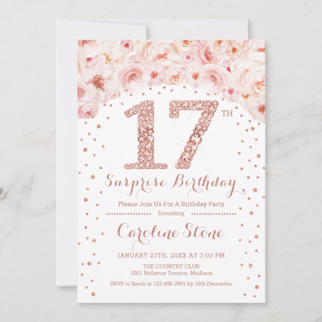 17th Surprise Birthday Party - White Rose Gold Invitation (Front)