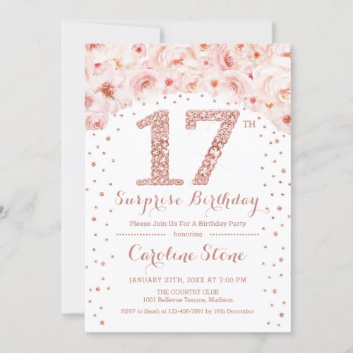 17th Surprise Birthday Party _ White Rose Gold Invitation