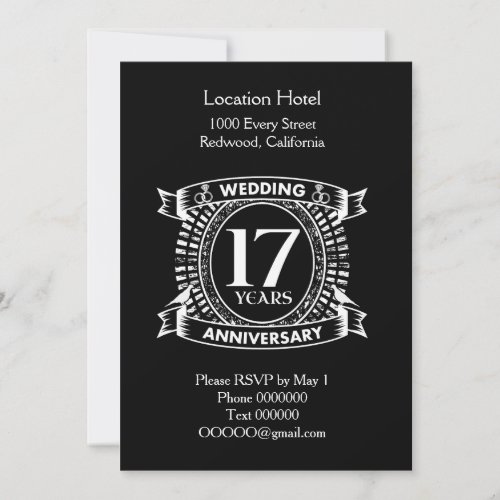 17TH wedding anniversary black and white Invitation