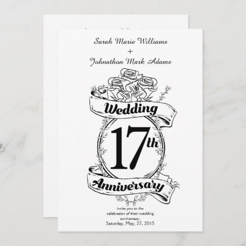 17th Wedding Anniversary Black and White Roses Invitation