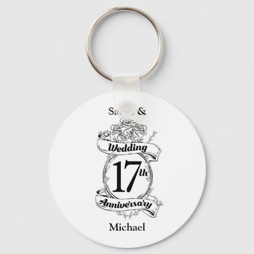 17th Wedding Anniversary Black and White Roses Keychain