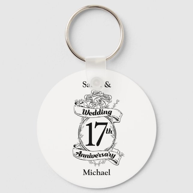 17th Wedding Anniversary Black and White Roses Keychain (Front)