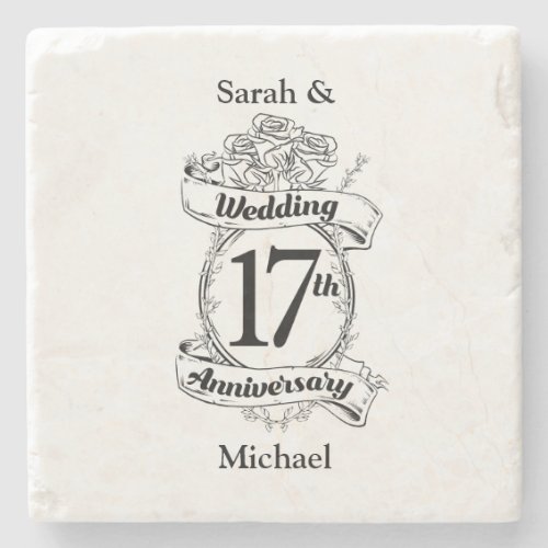 17th Wedding Anniversary Black and White Roses Stone Coaster