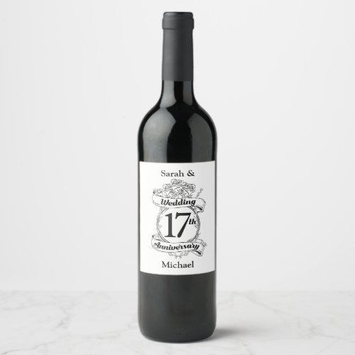 17th Wedding Anniversary Black and White Roses Wine Label