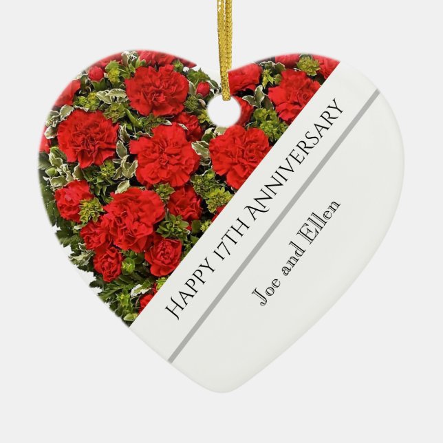 17th Wedding Anniversary, Red Carnations Heart Ceramic Ornament (Front)
