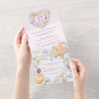 17th wedding anniversary shell heart watercolor all in one invitation