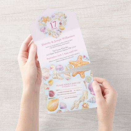 17th wedding anniversary shell heart watercolor all in one invitation