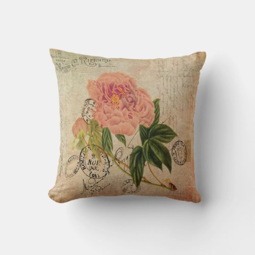 1800s French Handwriting Pink Peony Vintage Art Throw Pillow