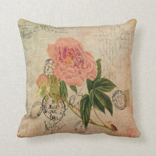 1800s French Handwriting Pink Peony Vintage Art Throw Pillow