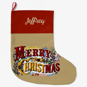1800s Vintage Merry Christmas Colorful Large Christmas Stocking